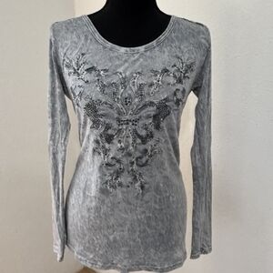 Long Sleeve Embellished Stonewash Tee